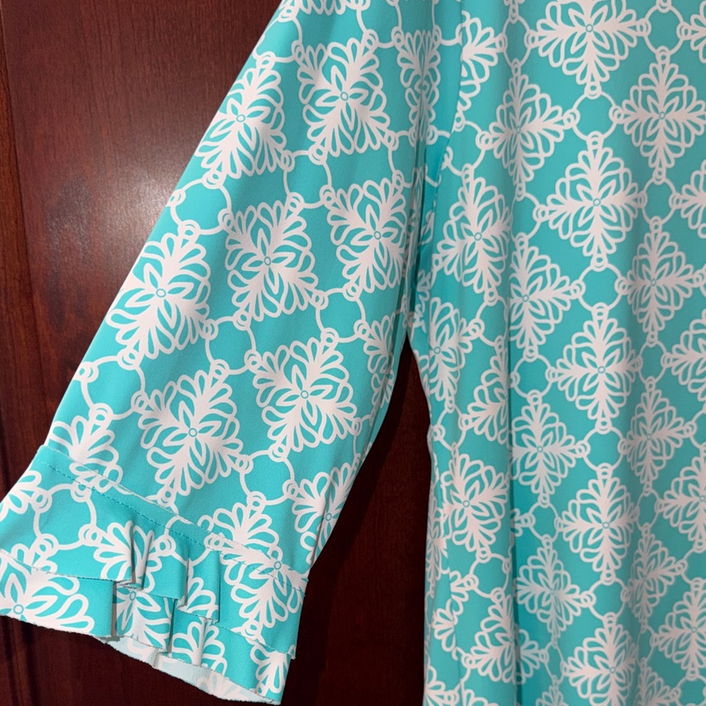 Lulu-B Aqua and White Patterned Ruffle-Hem Dress - Picture 4 of 6